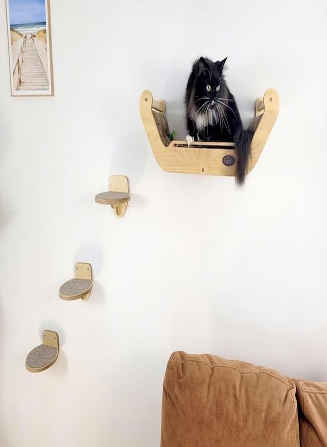 Keebori Wall Mounted Wooden Cat Bed with Soft Cushion and 3 Climbing Steps Space-Saving Modern Cat Hammock Lounge Shelf for Indoor Cats Natural Birch by KEEBORI (Beige) - Image 1